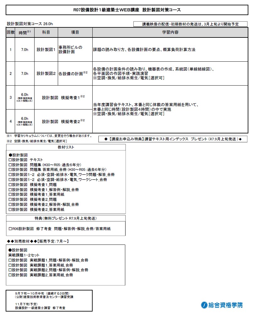 【一般生限定】R7 設備設計１級建築士WEB講座　設計製図対策コース