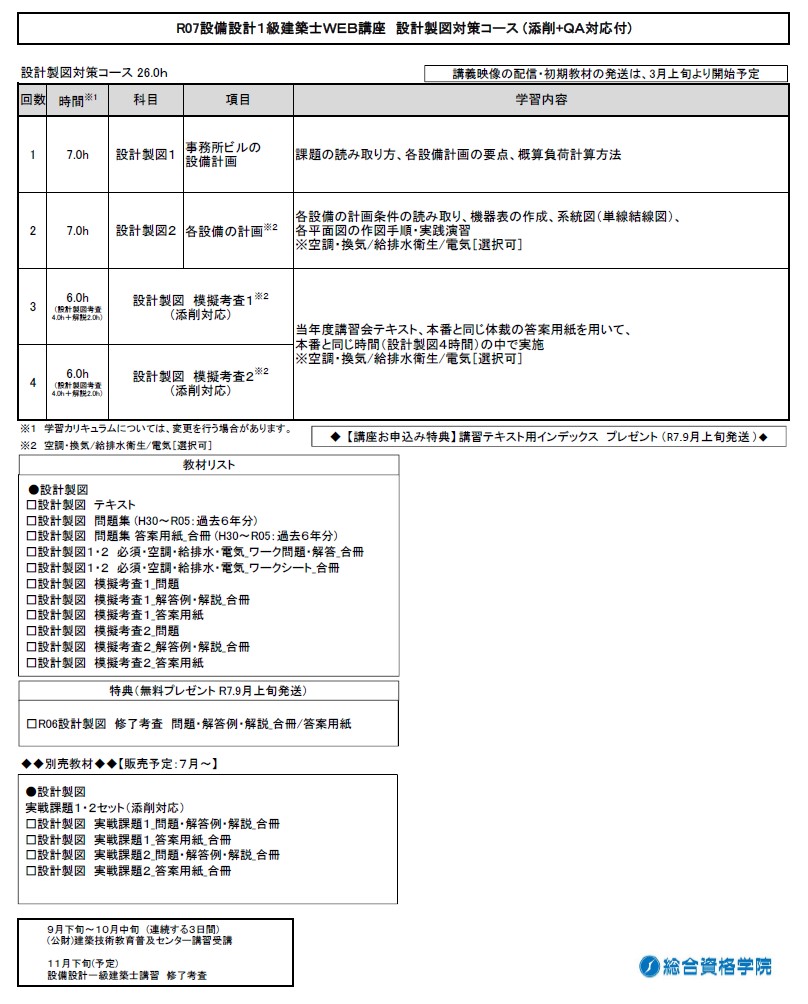 【一般生限定】R7 設備設計１級建築士WEB講座　設計製図対策コース（添削+QA対応付）