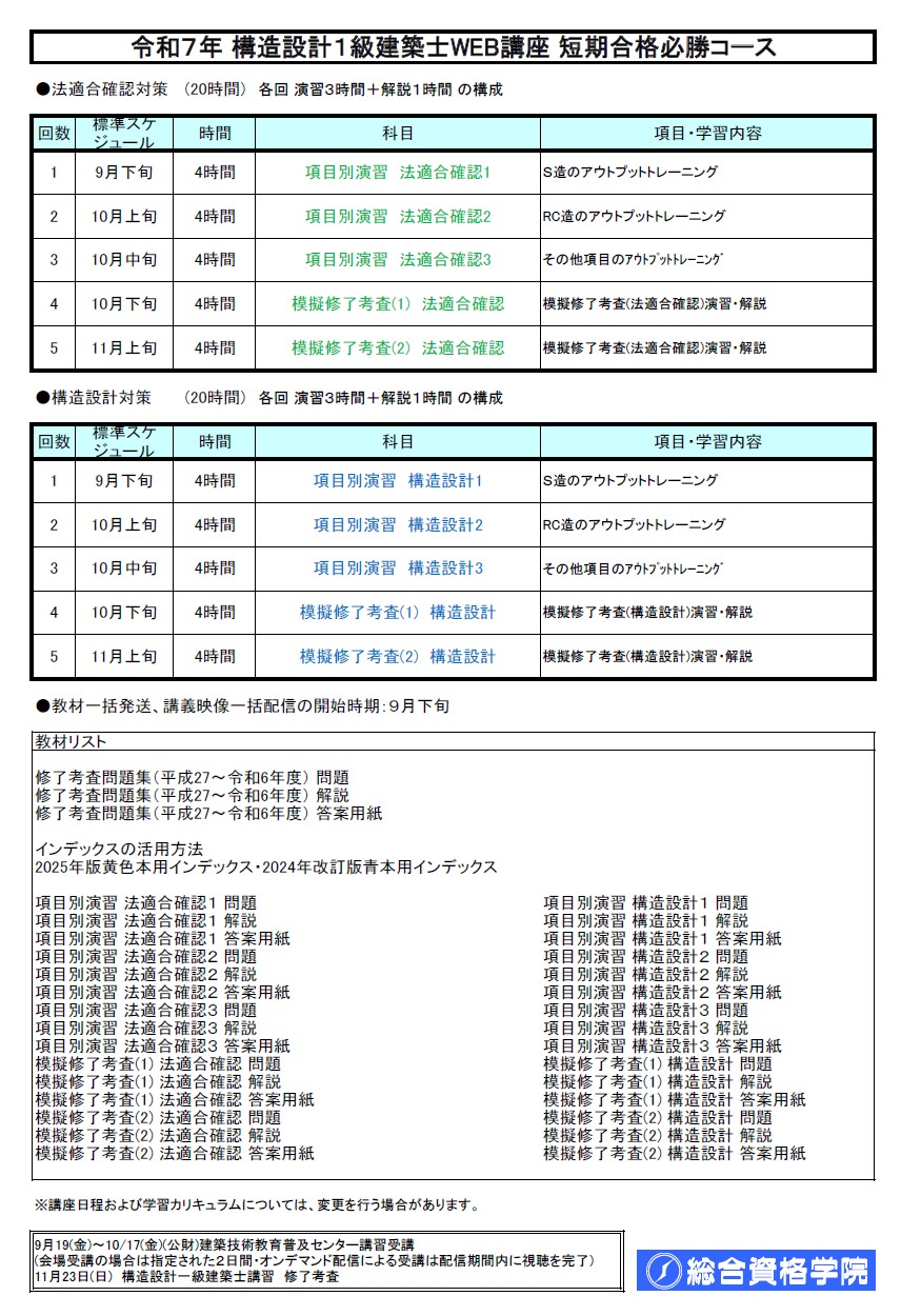 【一般生限定】R7 構造設計１級建築士ＷＥＢ講座　短期合格必勝コース