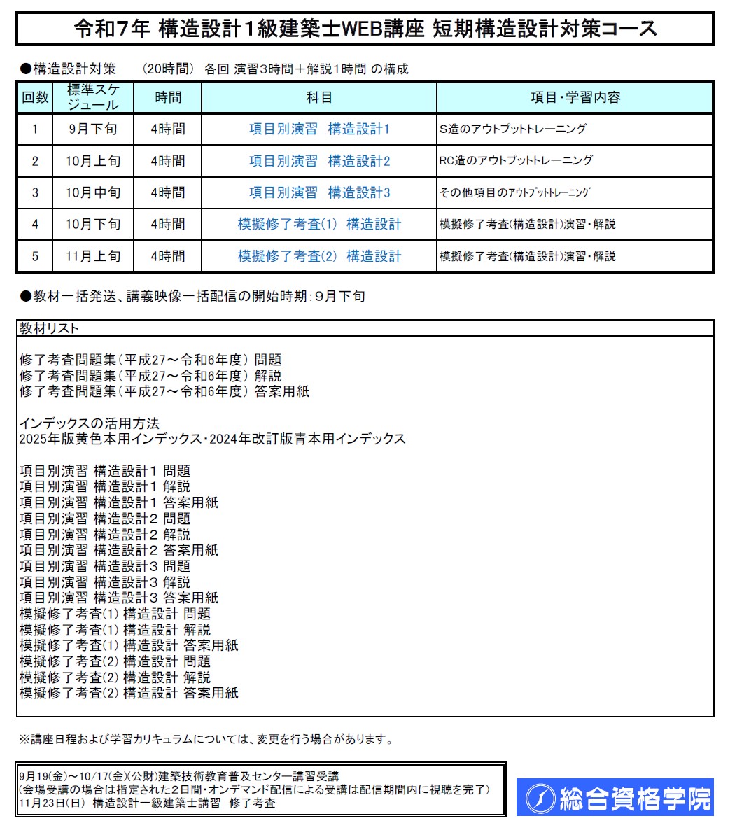 【一般生限定】R7 構造設計１級建築士ＷＥＢ講座　短期構造設計対策 コース