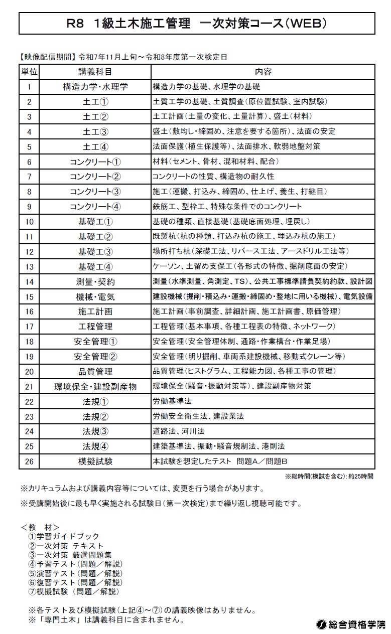 【一般生限定05】１級土木施工管理 一次対策コース（WEB講座）