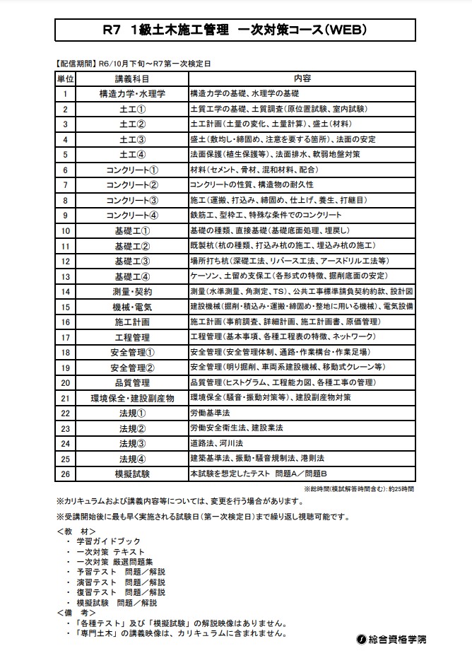 【一般生限定05】１級土木施工管理 一次対策コース（WEB講座）