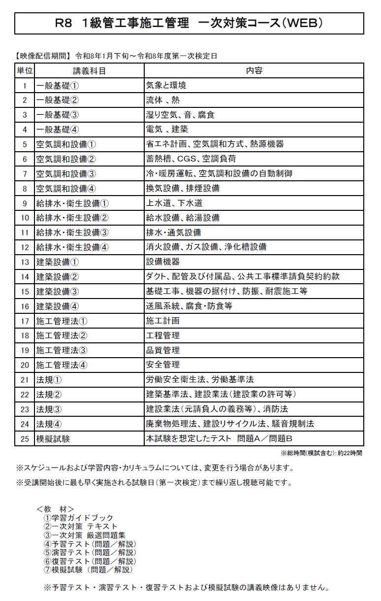 【一般生限定18】１級管工事施工管理 一次対策コース（WEB講座）