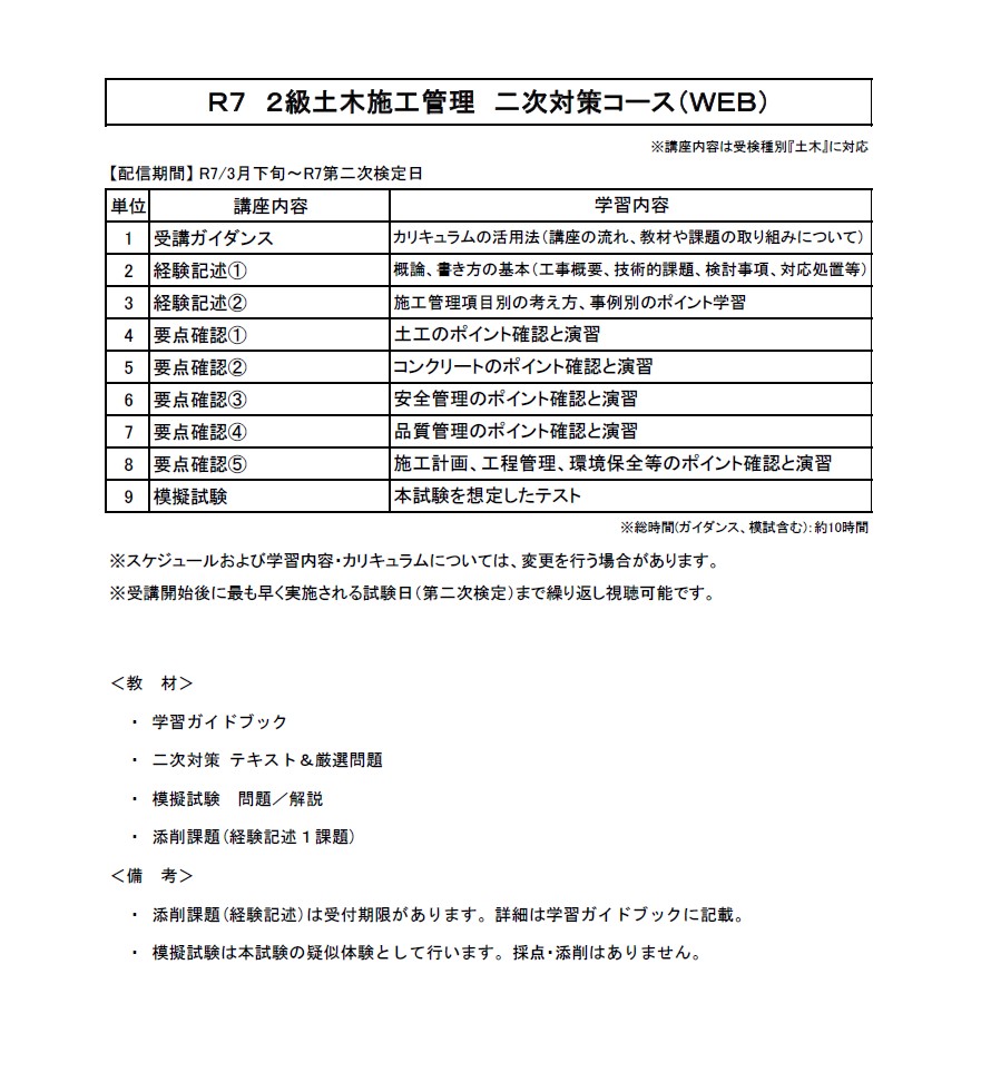 【一般生限定08】２級土木施工管理 二次対策コース（WEB講座）